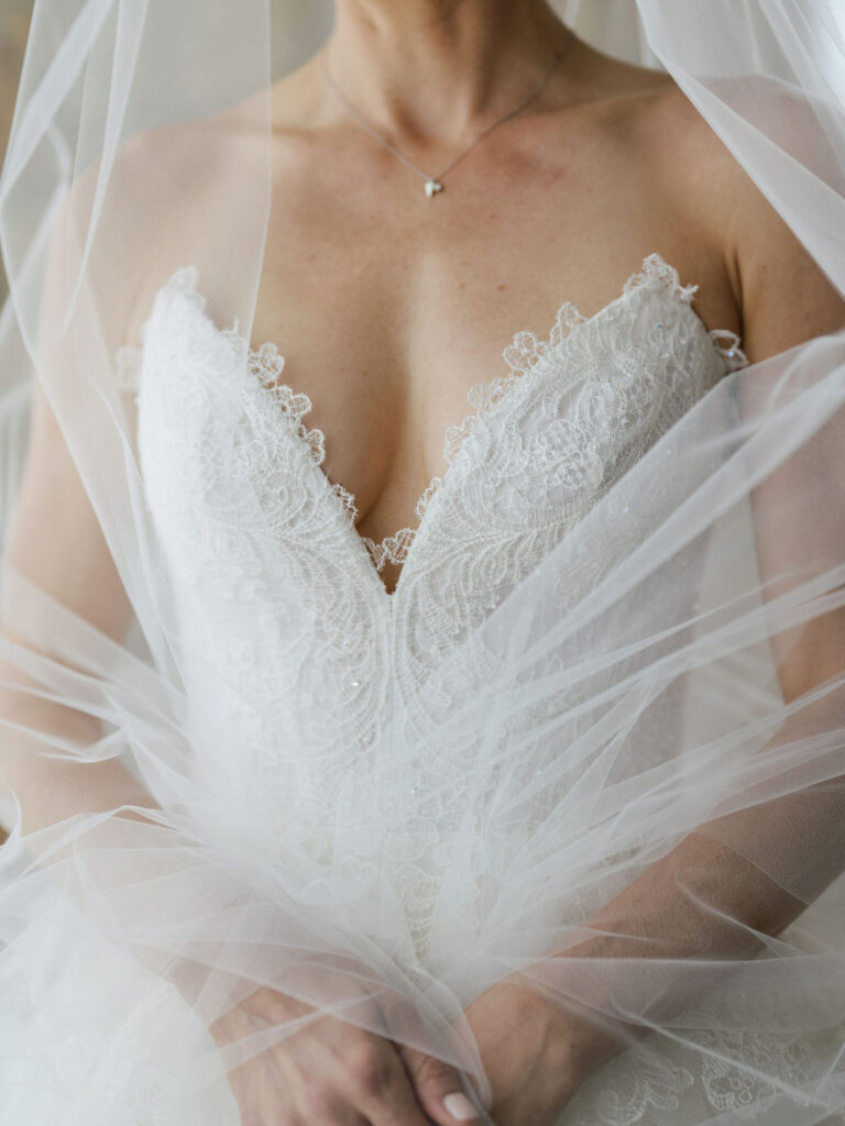 A wedding bodice on a bride-to-be with a deep V-cut neckline and a tulle veil enveloping the scene