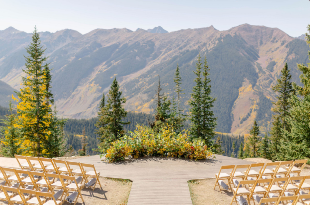 An outdoor wedding ceremony location in Aspen, Colorado, amidst the mountains