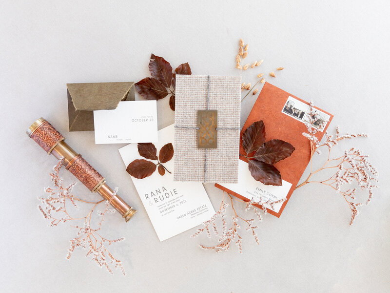 Invitations and envelopes on textured paper lie scattered amongst dried stems and reddish brown leaves, along with a brass telescope