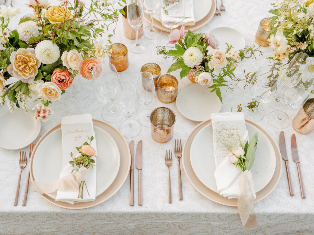 A beautifully decorated table with flowers at a wedding in San Francisco.