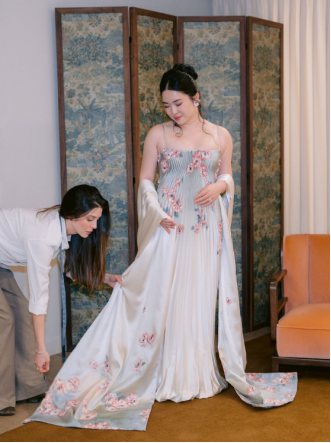 A bride trying on a gown during wedding dress shopping in Atlanta