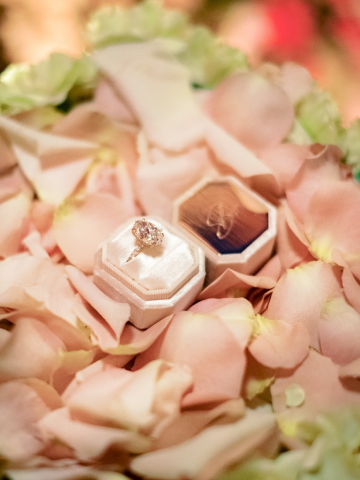  a stunning diamond engagement ring placed on pink rose petals