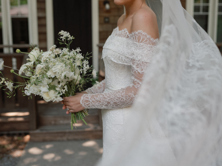 A close-up of a bridal dress’ detailing