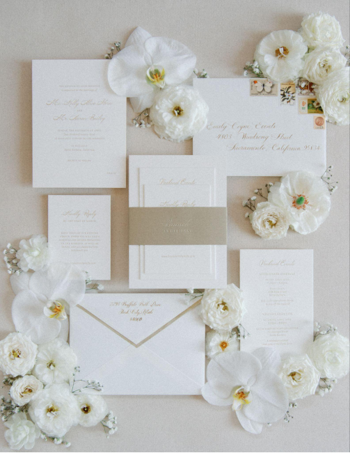 A beautiful flat lay of a wedding invitation.