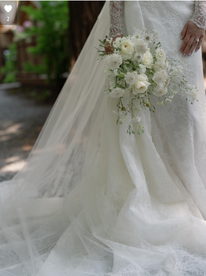 A close-up of a bride’s gown