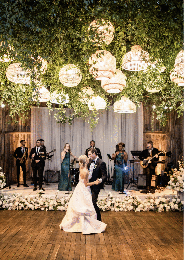 A wedding reception with modern decor.