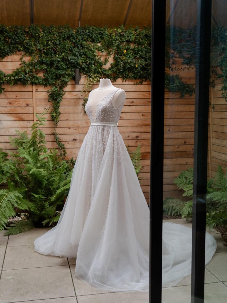 a lacey wedding gown.