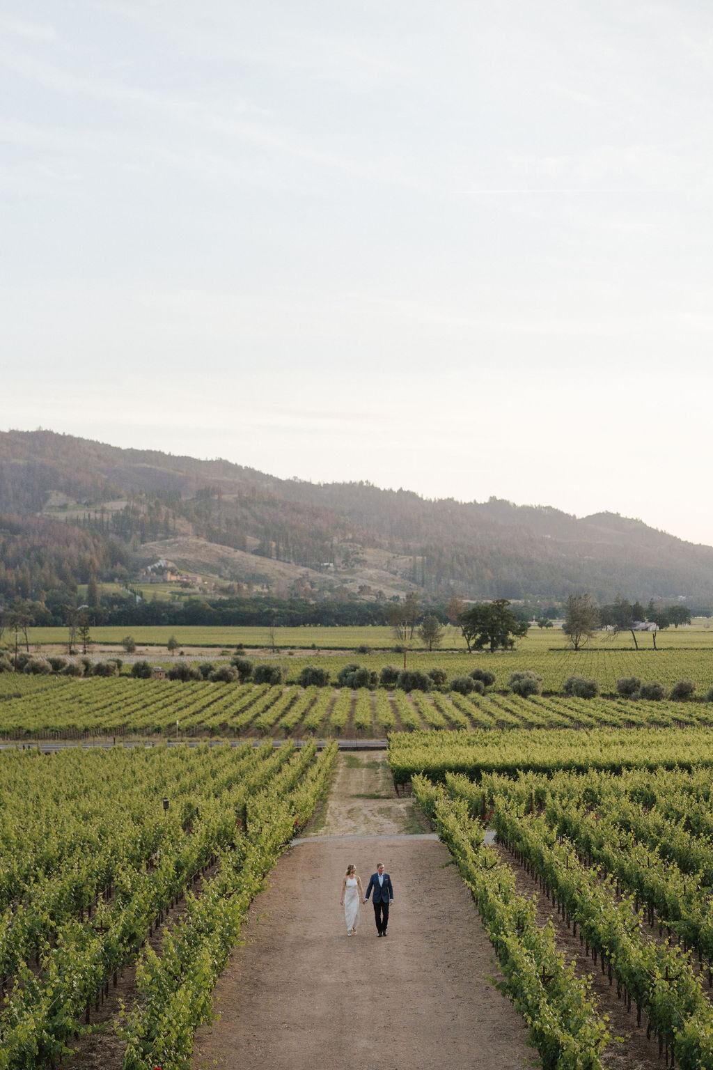 Bride and groom walking hand in hand through a sunlit open field, enjoying a peaceful moment together during their destination wedding
