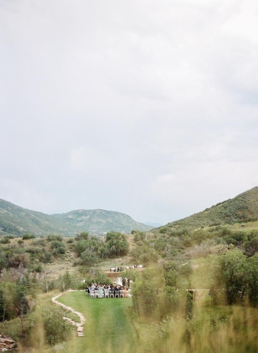 a wedding venue with a view of the mountains.