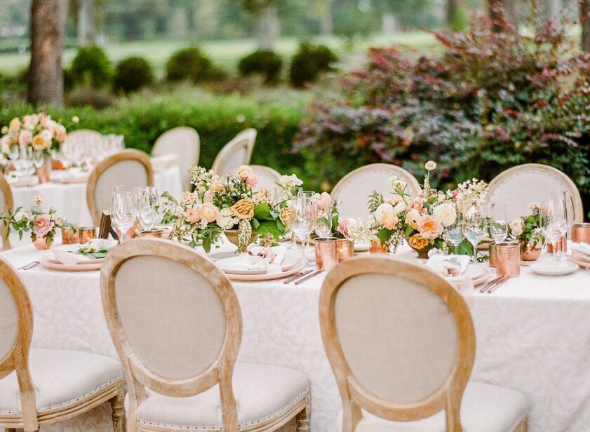 Tables set at a wedding party.